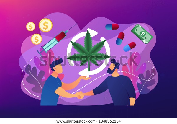 麻薬の売人が マリファナ 丸薬 注射器を顧客に販売している 麻薬密売 違法薬物取引 世界的な闇市場のコンセプト 明るい紫色のベクター画像分離イラスト のベクター画像素材 ロイヤリティフリー