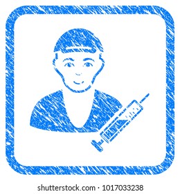 Drug Dealer rubber seal stamp watermark. Icon vector symbol with grungy design and dirty texture inside rounded frame. Scratched blue emblem. Boy face has glad emotion.