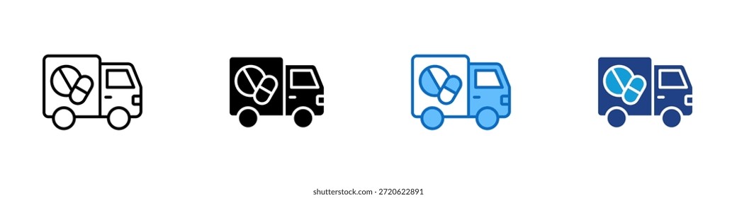 Vetor de design de ícone de múltiplo estilo de entrega de medicamentos - Caminhão transportando medicamentos, simbolizando a distribuição farmacêutica e o transporte de suprimentos médicos