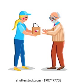 Drug Delivery Service Of Pharmacy Store Vector. Pharmaceutical Shop Products Delivery Courier Young Woman To Old Man Patient. Character Delivering Medicaments Flat Cartoon Illustration