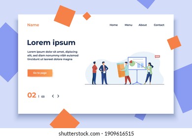 Drug developers presenting new meds to buyer. Presentation, pills, pharmaceuticals flat vector illustration. Pharmacy, business, partnership concept for banner, website design or landing web page
