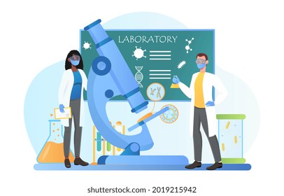 Drug Development, Science Experiment In Lab, Genetic Diagnosis, Innovation In Medical Technology. Flat Abstract Metaphor Cartoon Vector Illustration Concept Design Isolated On White Background, Man,.