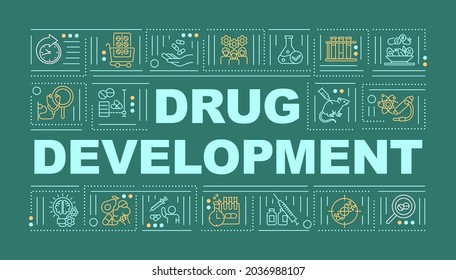Drug development word concepts banner. Clinical research. Discovery pharmaceutical drug. Infographics with linear icons on green background. Isolated typography. Vector outline RGB color illustration