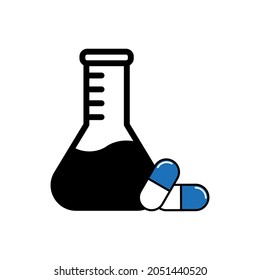 Drug discovery illustration, chemical flask with capsules