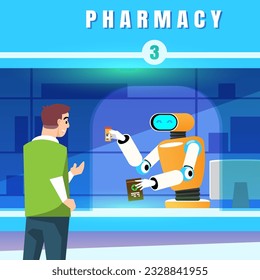 Robot dispensador de drogas en lugar de personal, sala dispensadora de drogas. Concepto de inteligencia artificial con ilustración de vector de caracteres humanos y robots