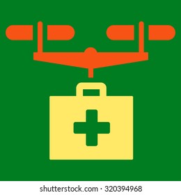 Drug Drone Delivery vector icon. Style is bicolor flat symbol, orange and yellow colors, rounded angles, green background.