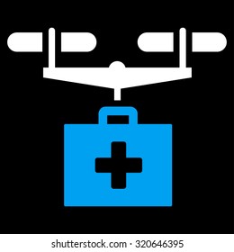 Drug Drone Delivery vector icon. Style is bicolor flat symbol, blue and white colors, rounded angles, black background.