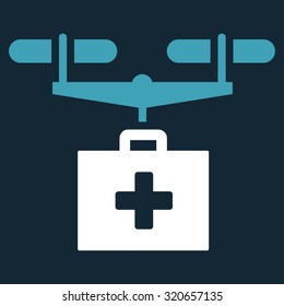 Drug Drone Delivery vector icon. Style is bicolor flat symbol, blue and white colors, rounded angles, dark blue background.