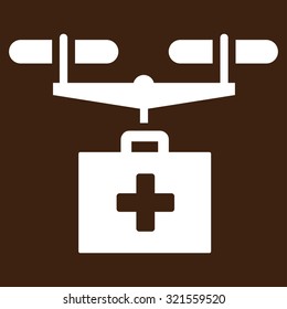 Drug Drone Delivery vector icon. Style is flat symbol, white color, rounded angles, brown background.