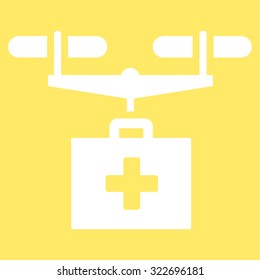 Drug Drone Delivery vector icon. Style is flat symbol, white color, rounded angles, yellow background.