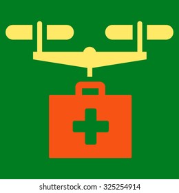 Drug Drone Delivery vector icon. Style is bicolor flat symbol, orange and yellow colors, rounded angles, green background.