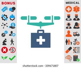 Drug Drone Delivery vector icon with bonus. Style is bicolor flat symbol, cobalt and cyan colors, rounded angles, white background.