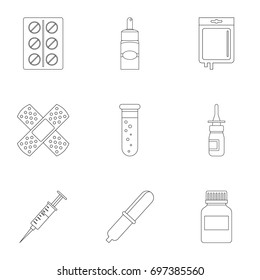 Drug forms icon set. Outline style set of 9 drug forms vector icons for web isolated on white background