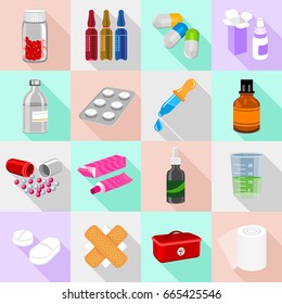 Drug forms icons set. Flat illustration of 16 drug forms icons set vector icons for web design. Medical iodine, nitroglycerin, tube and other signs