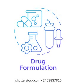 Symbol des blauen Farbverlaufs der Arzneimittelformulierung. Qualitätsmanagement, chemische Verbindungen. Darstellung der runden Formlinie. Abstrakte Idee. Grafikdesign. Einfach zu bedienen in Infografik, Artikel