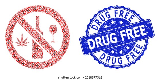 Drug Free dirty round seal and vector fractal mosaic forbidden wine drugs. Blue stamp seal contains Drug Free title inside round shape.