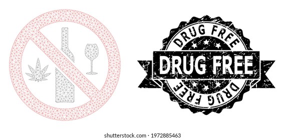 Drug Free grunge seal print and vector forbidden wine drugs mesh structure. Black stamp seal contains Drug Free text inside ribbon and rosette. Abstract flat mesh forbidden wine drugs,