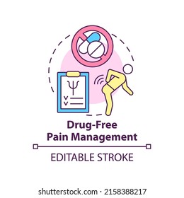 Drug free pain management concept icon. Non pharmacological methods. Psychology trend abstract idea thin line illustration. Isolated outline drawing. Editable stroke. Arial, Myriad Pro-Bold fonts used