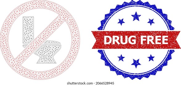 Drug Free textured stamp, and stop toilet icon mesh model. Red and blue bicolor stamp seal includes Drug Free title inside ribbon and rosette. Abstract flat mesh stop toilet, created from triangles.