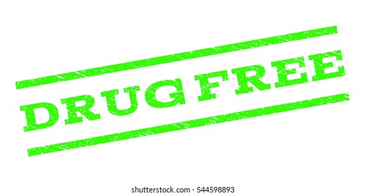 Drug Free watermark stamp. Text caption between parallel lines with grunge design style. Rubber seal stamp with unclean texture. Vector light green color ink imprint on a white background.