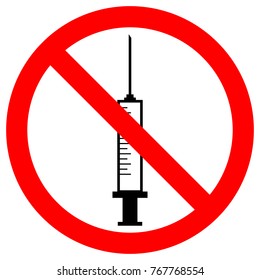 DRUG FREE ZONE sign. Medical syringe icon in red circle. Vector.