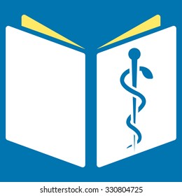 Drug Handbook vector icon. Style is bicolor flat symbol, yellow and white colors, rounded angles, blue background.