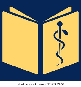 Drug Handbook vector icon. Style is flat symbol, yellow color, rounded angles, blue background.
