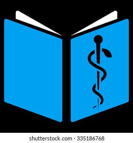 Drug Handbook vector icon. Style is bicolor flat symbol, blue and white colors, rounded angles, black background.