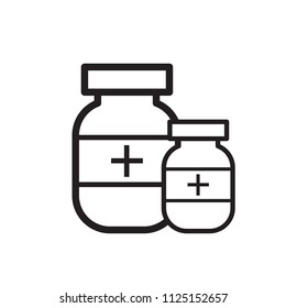 Drug icon, capsule bottle vector sign design illustration.