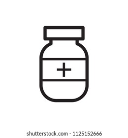 Drug icon, capsule bottle vector sign design illustration.