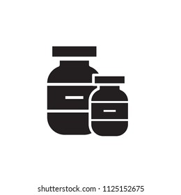 Drug icon, capsule bottle vector sign design illustration.