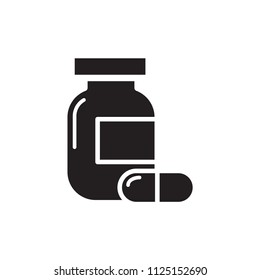 Drug icon, capsule bottle vector sign design illustration.