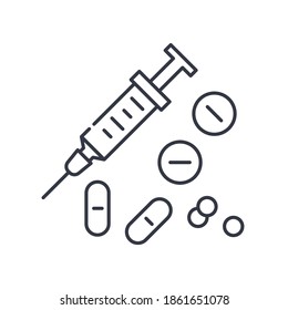 Drug icon, linear isolated illustration, thin line vector, web design sign, outline concept symbol with editable stroke on white background.