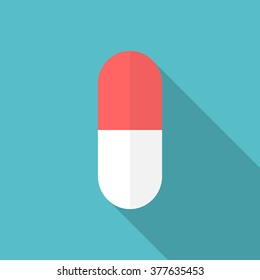 Drug icon with long shadow. Flat design style. Pill silhouette. Simple icon. Modern flat icon in stylish colors. Web site page and mobile app design element.