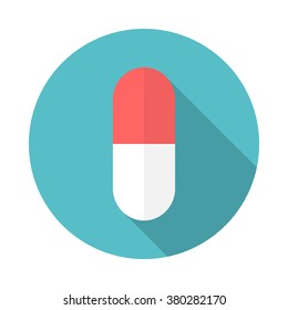 Drug icon with long shadow. Flat design style. Round icon. Pill silhouette. Simple circle icon. Modern flat icon in stylish colors. Web site page and mobile app design element.