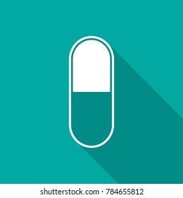 Drug icon with long shadow. Flat design style. Pill simple silhouette. Modern, minimalist icon in stylish colors. Web site page and mobile app design vector element.