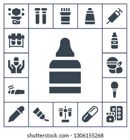 drug icon set. 17 filled drug icons.  Collection Of - Chemical reaction, Test tubes, Pill, Eye drops, Marijuana, Medicine, Enema, Eyedropper, Tube, Test tube, Ointment, Syringe