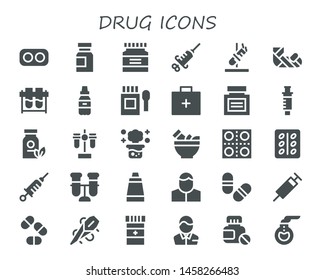 drug icon set. 30 filled drug icons.  Simple modern icons about  - Drugs, Medicine, Syringe, Test tube, Plastered arm, Test tubes, Emergency kit, Chemical reaction, Mortar, Pills