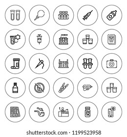 Drug icon set. collection of 25 outline drug icons with blinder, eye drops, first aid, enema, drugs, injection, medical app, medicine, laboratory icons. editable icons.