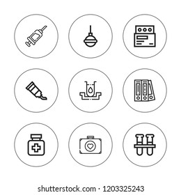 Drug icon set. collection of 9 outline drug icons with blinder, first aid, enema, drugs, medicine, syringe, test tube, test tubes icons. editable icons.