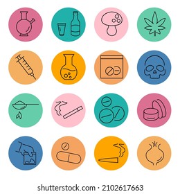 conjunto de iconos de drogas. elementos vectoriales del paquete de símbolos de drogas para la web infográfica. con fondo de color de tendencia