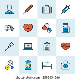 Drug icons colored line set with ambulance, medical equipment, heart and other syringe elements. Isolated vector illustration drug icons.