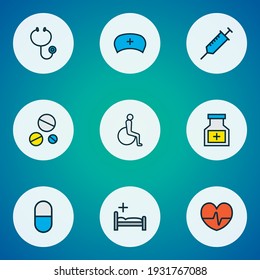 Drug icons colored line set with pill bottle, syringe, antibiotic and other instrument elements. Isolated vector illustration drug icons.
