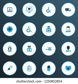 Drug icons colored set with doctor, plus, heart and other cure elements. Isolated vector illustration drug icons.