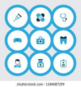 Drug icons colored set with first-aid kit, patch, stand stethoscope  elements. Isolated vector illustration drug icons.