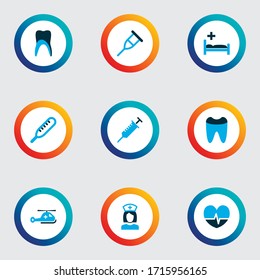 Drug icons colored set with nurse, helicopter, claw and other thermometer elements. Isolated vector illustration drug icons.