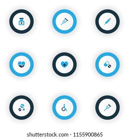 Drug icons colored set with pellets, heartbeat, drug and other disabled elements. Isolated vector illustration drug icons.