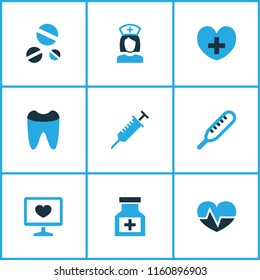 Drug icons colored set with pulse, tooth, remedy and other heartbeat  elements. Isolated vector illustration drug icons.