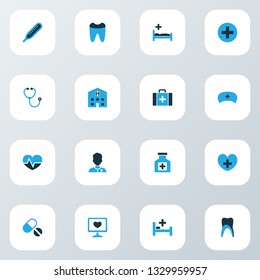 Drug icons colored set with stethoscope, heart, cure and other medicine chest  elements. Isolated vector illustration drug icons.