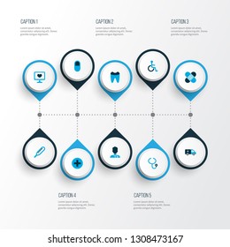 Drug icons colored set with tooth, temperature, ambulance and other pill  elements. Isolated vector illustration drug icons.